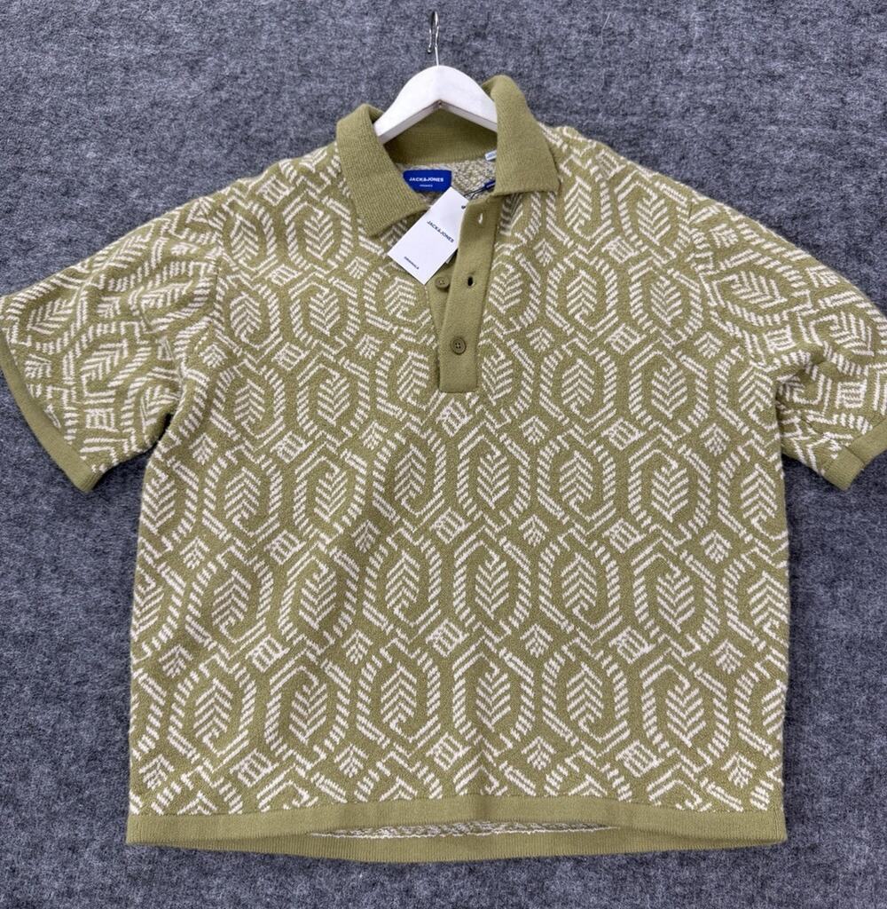 JACK & JONES Mens Polo Shirt Large Jorapulco Jacquard Green Knit Thick N67